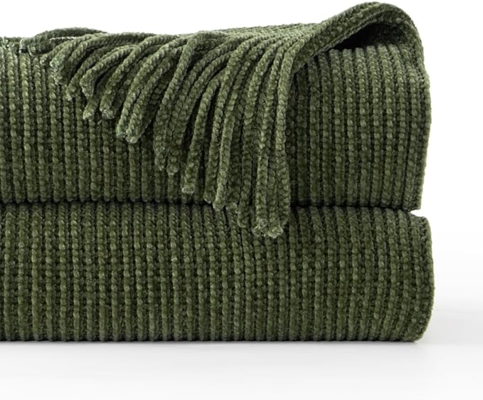 BATTILO HOME Olive Green Throw Blanket for Couch, Soft Chenille Knit Throws with Tassels for Home Decor, Green Throws for Couch Cover, 50"x60"