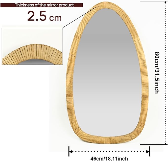 Rattan Boho Mirror for Decor, 31.5" x 18" Handmade Wall Mirror that is Farmhouse and Boho Wall Decor Style, Ideal for Hanging in the Bedroom, Living Room, Entryway, Nursery