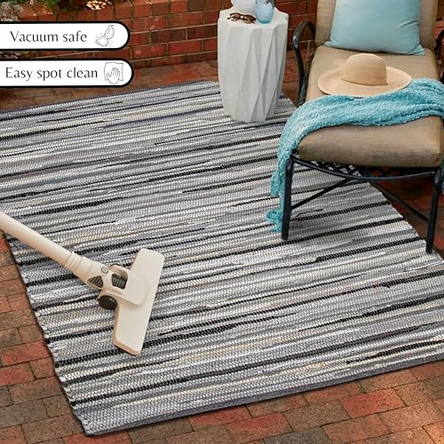 Cotton Hand Woven Chindi Rug 3x5 Feet - Charcoal, Farmhouse Stripe Reversible Throw Indoor Decorative Carpet Ideal for Hallway, Kitchen, Living Room | Grey Large Area Floor Rag Rugs for Patio - color: Charcoal, size: 3 x 5 feet