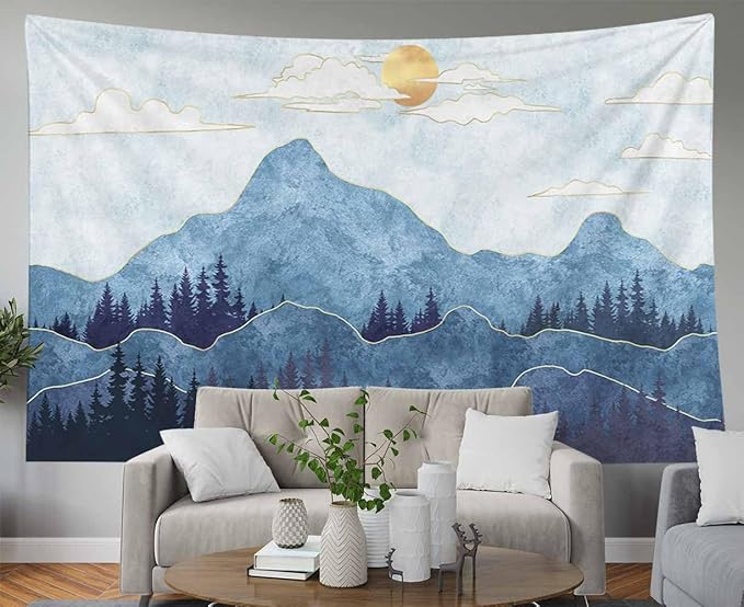 EMMTEEY Mountain Tapestry - Mountains Trees with Gold Sun - 60X40 Small Tapestry - Christmas Photo Backdrop Wall Art Decor