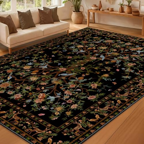 8x10 Area Rugs Black, Machine Washable Non-Slip Rug, Boho Floral Botanical Soft Low Pile Throw Rugs for Living Room, Bedroom,Dining Room, Office - color: Black, size: 10' x 8' (Rectangular)