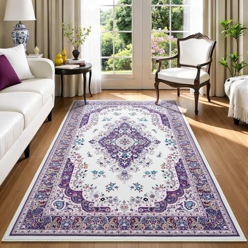 HOMORE Area Rug 3x5 Purple Rugs for Bedroom Living Room, Non Slip Washable Throw Rug for Kitchen Ultra Thin Low Pile Vintage Rugs for Entryway Floral Rug for Dinning Room Office - color: Purple, size: 3' x 5' (Rectangular)
