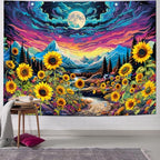Dermijer Blacklight Moon Sunflower Tapestry Starry Night Mountian UV Reactive Wall Hanging Tapestries Galaxy Space Nature Landscape Tapestry for Home Decor 59.1L x 51.2W - size: 59.1"L x 51.2"W