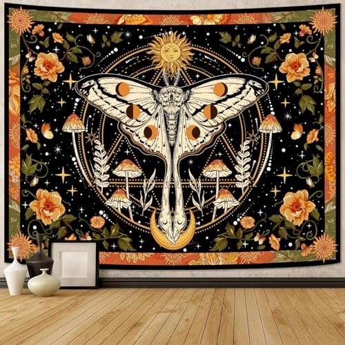 Aipon Orange Moth Tapestry Boho Retro Floral Flowers Tapestries Aesthetic Vintage Mushroom Tapestries for Bedroom Indie Sun Moon Tapestry Wall Hanging for Living Room Dorm (90'' × 68'') - color: Orange1, size: 90"L x 68"W