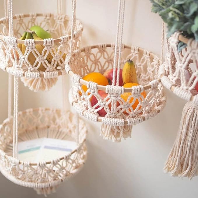 Alipis Macrame Plant Hanger Macrame Hanging Fruit Basket 2 Tier Woven Cotton Rope Storage Baskets Hanging Plant Holder for Vegetable Storage