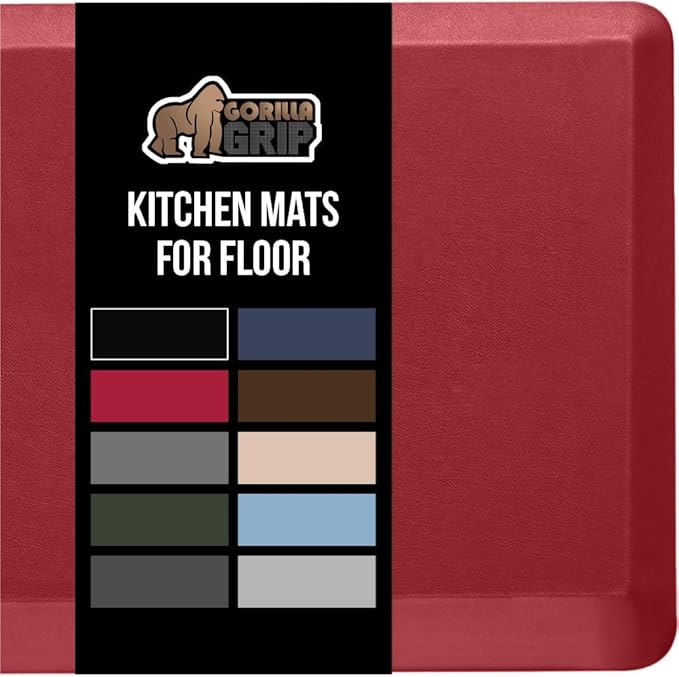 GORILLA GRIP Comfortable Cushioned Kitchen Mats for Floor, Waterproof and Stain Resistant Soft Top, 3/4 Inch Thick Ergonomic Standing Desk Anti Fatigue Mat, Foam Supports Ankles and Feet, 20x32, Red