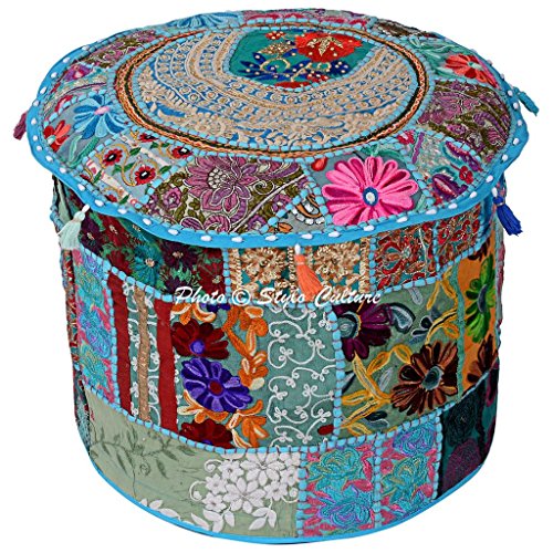 Indian Cotton Patchwork Embroidered 18" Pouf Ottoman Cover Round Turquoise Floral Furniture 45cm Footstool Floor Cushion Ethnic Decor Bean Bag Living Room - color: Turquoise