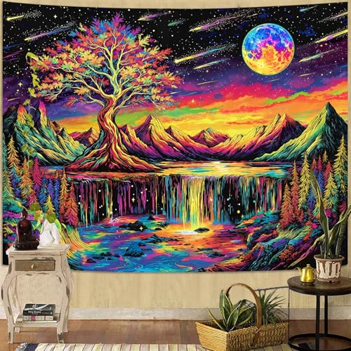 Zussun Blacklight Tree of Life Tapestry UV Reactive Moon Mountain Forest Waterfull Tapestry for Bedroom Aesthetic Nature Small Tapestries Wall Hanging for Dorm Living Room Decor 48 x 36 Inch - color: Warm Red, size: 48"L x 36"W