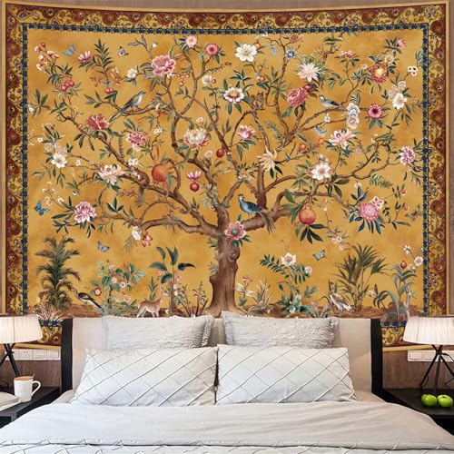 Faxdong Boho Tree of LIfe Tapestry, Vintage Flower Leaves Birds Plant Animal Pattern Tapestries, Retro Indian Bohemian Aesthetic Wall Hanging Orange Yellow 60×80 inch - color: Yellow, size: 80"L x 60"W