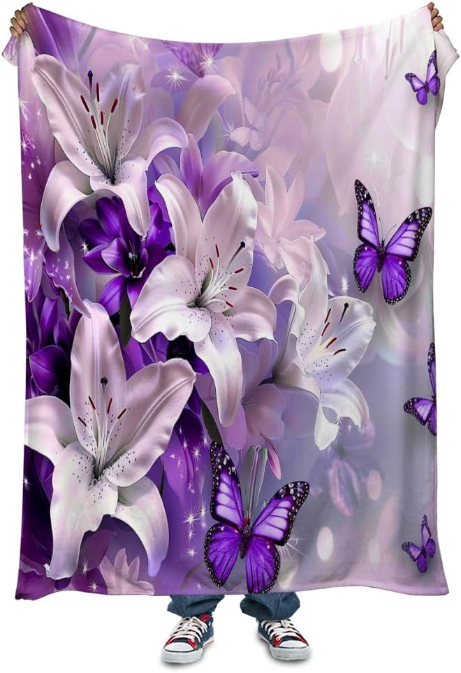 Purple Butterfly Flower Throw Blanekts Butterfly Blankets Soft Lightweight Cozy for Bed Couch Sofa Birthday Gifts Women Gifts for Her Anniversary Valentines Mothers Day Flower Gifts 50"x60"