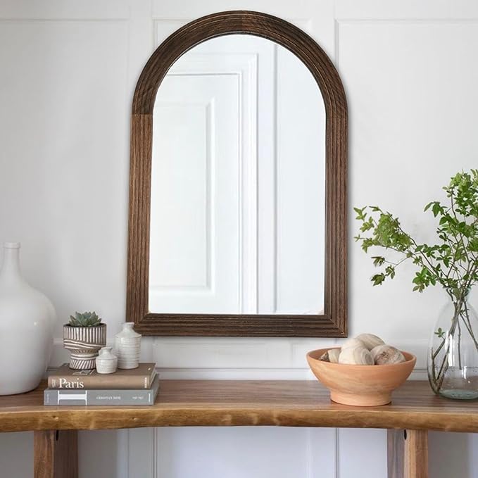 LOSOUR Arched Mirror, Farmhouse Decor Solid Wood Frame Wall Mirror, Bathroom Mirrors, Large Vintage Mirror for Bathroom, Living Room,Bedroom, Entryway, Hallway,Foyer (Coffee, 36" L x 24" W)