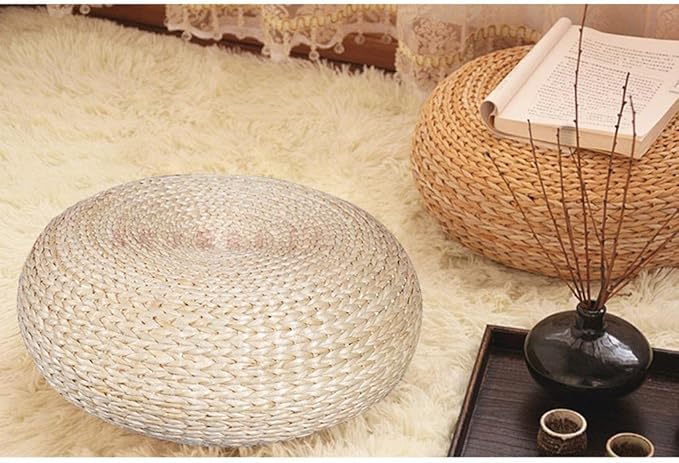 Knitted Straw Flat Seat Cushion, 15.7inch Round Pouf Tatami Cushion Floor