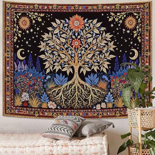 Spenlife Tree of Life Tapestry, Mystical Floral Tapestries for Bedroom, Celestial Wall Decor, Blacklight Tapestries (60" x 44") - color: Black Green, size: 60"L x 44"W