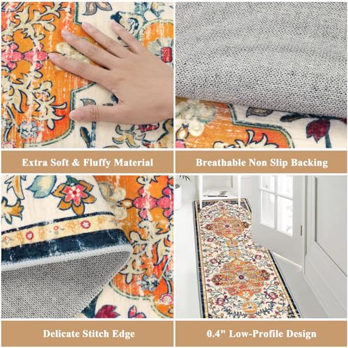 Pauwer Boho Hallway Runner Rug 2x6 Washable Entryway Area Rugs Non Slip Farmhouse Vintage Floor Mat Carpet Runner for Hallways Laundry Room Kitchen Bathroom Bedroom - color: Ivory/Orange, size: 2' x 6' (Runner)