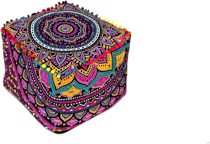 CRAFT KALA Large Hippie Mandala Meditation Floor Ottoman Pillow Cushion Pouf Cover Square Poufs Cover Bohemian Floor Cushion Cover Outdoor Fireplace Living Room Decor 16X16X14 inches, New Pink Ombre