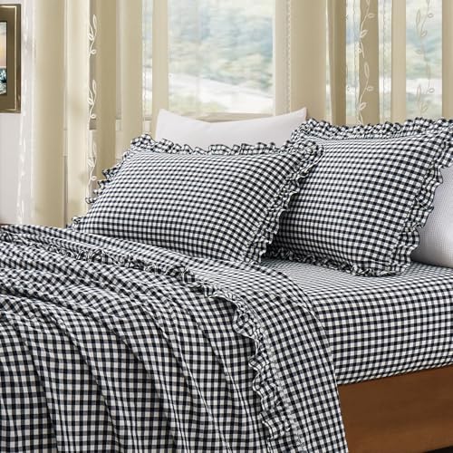 KKJIAF 2 Pcs Plaid Ruffle Pillow Case Standard Size, Ruffled Gingham Cotton Pillowcases 20x26 Inch, Linen Feel Plaid Bed Pillow Shams with Envelope Closure for Sofa Bed (Black Plaid) - color: Black Plaid, size: 26" x 20" (Pack of 2)