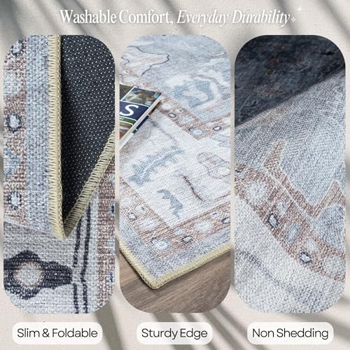 Fame Rugs Gray Modern Oushak Rug 2'6"x7', Washable Vintage Turkish Colorful Oriental Antique Inspired Foldable Small Runner Rugs, Luxury Living Room Bedroom (Gbeige, 2'6" x 7') - color: Gbeige, size: 2'6" x 7' (Runner)