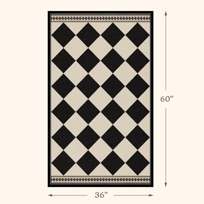 Black and White Diamond Outdoor Easy Jute Front Porch Rug 3x5, Washable Non-Slip Checkered Entryway Rug, Modern Farmhouse Boho Low Pile Indoor Carpet for Living Room, Kitchen, Mudroom, Laundry Room