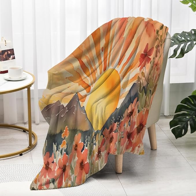 Burn Orange Boho Sunrise Sunset Sun Print Throw Blankets Pink Floral Flower Blanket Modern Abstract Throws Spring Blankets for Couch Boho Decorative Blanket for Sofa Bed Living Room 40"x50"