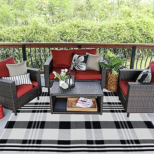 Buffalo Plaid Rug 4' x 6' Black and White Outtdoor Rug Cotton Hand-Woven Checkered Front Welcome Door Mat Indoor/Outdoor Area Rug for Front Porch,Kitchen,Bathroom,Entry Way,Living Room (4' x 6') - color: Black&white Plaid, size: 4' x 6' (Rectangular)