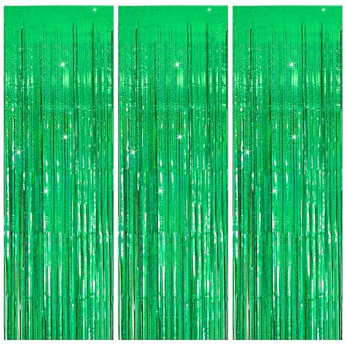 3 Pack Green Streamers Backdrop Jungle Party Decorations Foil Fringe Backdrop Curtains Photo Booth Backdrop for Birthday Dinosaur Animal St Patricks Day Football Christmas Party Decorations - color: Green