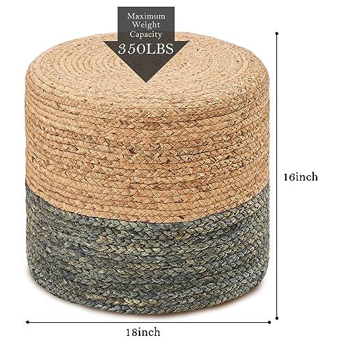 Wimarsbon 18'' Ottoman Pouf, Natural Braided Poof, Rustic Handweave Lounge Pouffe, Boho Footrest Stool for Bedroom, Accent Table or Seat for Living Room (Dusty Blue) - color: 18inch Water Hyacinth Braid & Dusty Blue Corn Shell