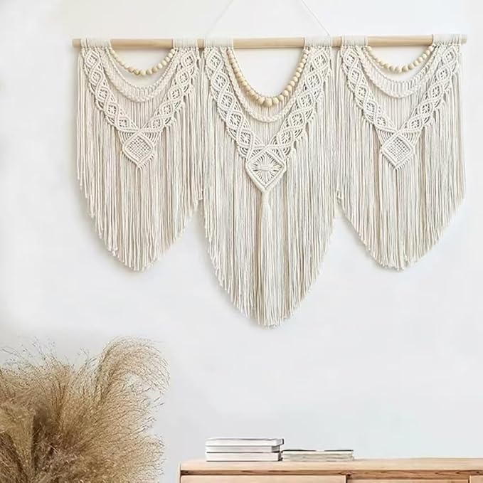 oiikain Large Handmade Boho Macrame Wall Hanging Tapestry - Chic Bohemian Woven Home Decor art for Living Room, Bedroom, and Wedding Parties (43''x32'', Wooden beads)