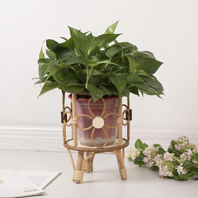 Rattan Plant Stand - 28x21x20cm, ABS Wood, Natural Brown, Hollow Stool Shelf, Pot Holder, Rustic Display Rack | Indoor Outdoor Boho Style Balcony Patio Living Room Decorative Flower Stand