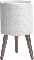 D'vine Dev 10 Inch Modern Geometric Tile Patterned Sleek Planter Pot with Stand, Indoor Outdoor Decorative Plant Holder, Matte White, 88-Z-B-1