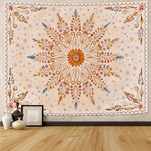 Fowocu Boho Floral Mandala Tapestry for Bedroom Aesthetic Watercolor Bohemian Flower Wall Tapestry Brown Beige Hippie Indian Large Tapestries Wall Hanging for Living Room Dorm Decor 80 x 60 Inch - color: Brown Yellow, size: 80"L x 60"W