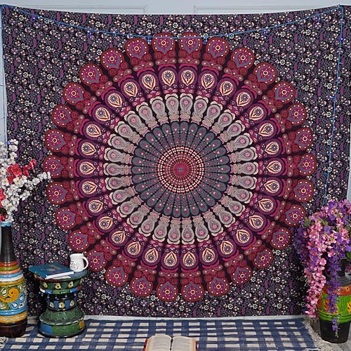 FURNISHFUL FINESSE Handmade Cotton Peacock Mandala Tapestry - Purple Pink Ombre Boho Wall Decor, Bohemian Hippie Room Hanging for Bedroom & Dorm Aesthetic - 54x84 Inch - color: Purple Pink, size: 84"L x 54"W