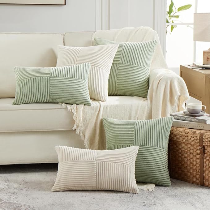 Fancy Homi 2 Packs Cream Samll Decorative Throw Pillow Covers 14x14 Inch with for Couch Bed Sofa, Rustic Farmhouse Boho Home Decor, Soft Corss Patchwork Corduroy Square Cushion Case 35x35 cm