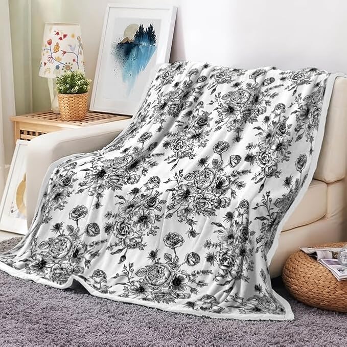 Floral Throw Blanket, Botanical Floral Blanket, Soft, Flannel, Warm, Boho Floral Bed Blanket All Season Flower Throw Blanket for Couch Bedroom Living Room, Black 60X70 Inch