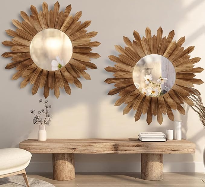 LOSOUR 2 Pack 22 Inch Boho Wall Sunburst Mirror Rustic Round Wood Decorative Mirror Boho Wall Art Decor for Entryway Bedroom Living Room