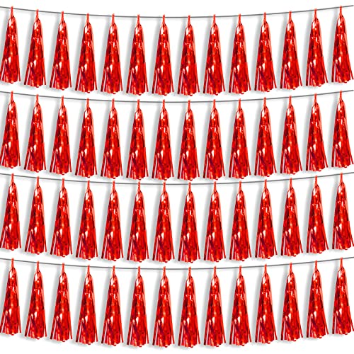 4P Red Foil Fringe Metallic Tassel Streamers Banner Tassel Garland for Parade Floats, Bachelorette, Wedding, Birthday, Halloween, Christmas, Bridal/Baby Shower Party Decorations - color: Red