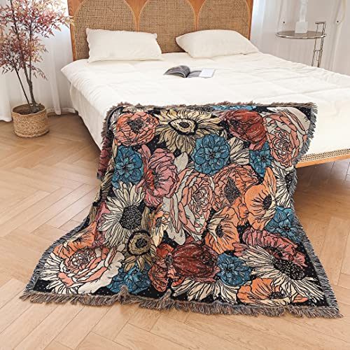 Boho Throw Blanket Reversible Cotton Bohemian Tapestry Hippie Room Decor Double Sided (Boho Flower Dark 50"x60") - color: Boho Flower Dark, size: 50*60 inch
