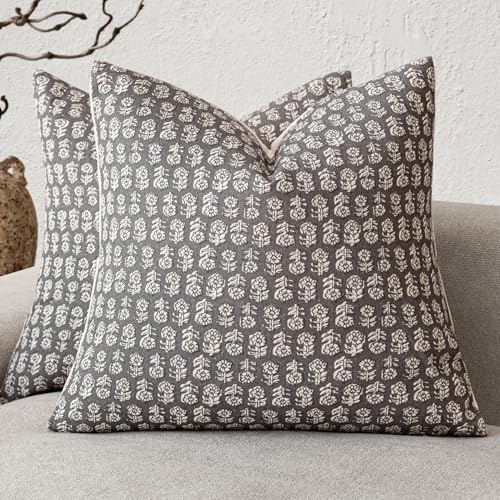 Foindtower Set of 2 Decorative Vintage Floral Print Throw Pillow Covers Neutral Modern Farmhouse Cushion Covers Boho Home Decor for Sofa Couch Chair Bedroom Living Room,18×18 Inch,Rustic Gray - color: Stone Gray, size: 18" x 18" (Pack of 2)
