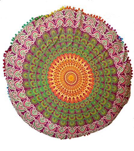 Rastogi Handicrafts 32" COR Mandala Floor Pillow Cushion Seating Throw Cover Bohemian Ottoman Poufs, Pom Pom Pillow Cases,Boho Indian (Green) - color: Green