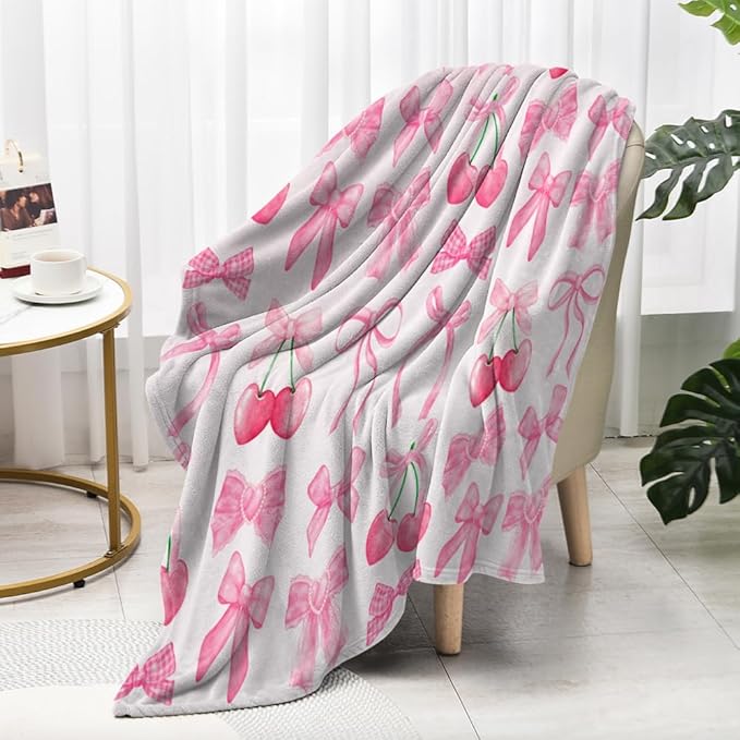 Pink Cherry Bow Throw Blanket Back to School Decorations Soft Dorm Room Essentials Gifts for Students Girls Boys Lightweight Coquette Bow Cherry Aesthetic Blanket for Nursery Room 30"x40"