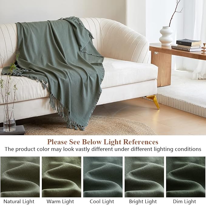Simple&Opulence Boho Linen Throw Blanket for Bed, Couch, 50”x70” Pre-Washed Fringed Vintage Decorative Woven Blanket with Tassels, Breathable Durable Cozy Farmhouse Decor for All Seasons(Olive Green)