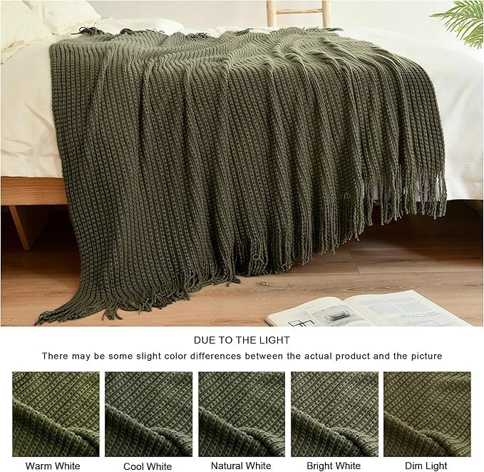 Blagic Knitted Throw Blanket for Couch Soft Farmhouse Boho Throw Blanket with Tassels Home Decorative Lightweight Olive Green Throws for Bed/Sofa, Wheat Textured, 60" W x 80" L