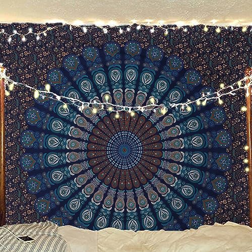 Bless International Handmade Indian hippie Bohemian Psychedelic Peacock Mandala Wall hanging College Dorm Beach Throws Table Cloth Bedding Tapestry (Blue Green, King(88x104Inches)(225x265Cms)) - color: Blue Green, size: 104"L x 88"W