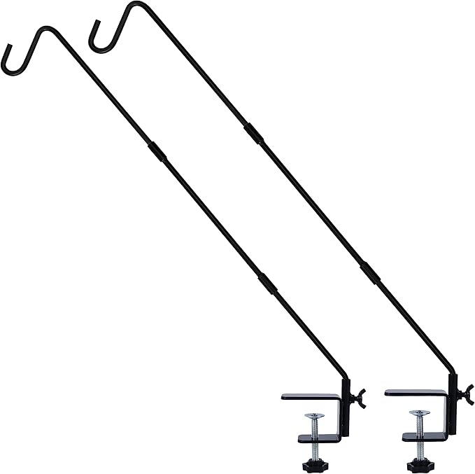 Juegoal 2 Pack Heavy Duty Deck Hook with 2 Inch Non Slip Clamp, 25 or 36 Inch Extended Reach Deck Hook, Adjustable Rail Pole Plant Bracket for Hanging Bird Feeder, Suet Baskets, Lanterns, Wind Chimes