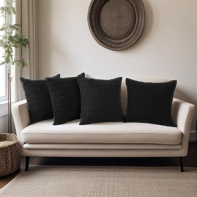 4 Pack Black Corduroy Decorative Boho Couch Throw Pillow Covers 18x18 Inch for Sofa Living Room Bedroom Home Decor