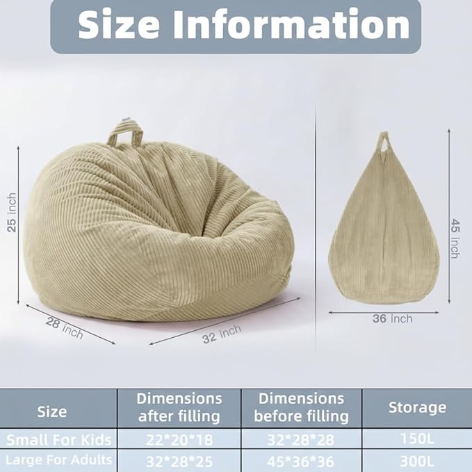 Stuffed Animal Storage Bean Bag Chair Cover, Cover Only (No Filler), Corduroy Toy Organizer Floor Cushion Seat, 48 in/120 cm Slipcover for Teens & Adults, White