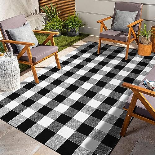 Buffalo Plaid Outdoor Rug 4'x6' Washable Black White Checkered Rug Indoor Outdoor Carpet Woven Cotton Door Mat for Front Porch, Kitchen, Bathroom, Entry Way, Living Room - size: 4'x6'