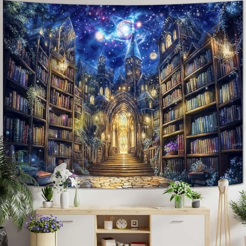 Accnicc Fantasy Bookshelf Tapestry Space Library Tapestries Wall Hanging Gothic Galaxy Castle Magic Book Large Tapestry for Bedroom Living Room Dorm Classroom 80 x 60 inch - color: Blue Yellow, size: 80"L x 60"W