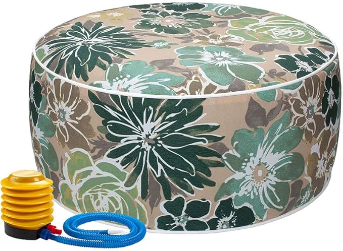 Magpie Fabrics Inflatable Stool Ottoman Pouf D20 xH9, Outdoor Round Footrest Footstool with Foot Pump, Portable for Patio Garden Travel Camping - Green Floral