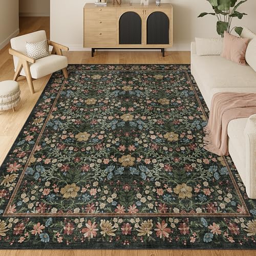 DUKINO 8x10 Area Rugs for Living Room, Vintage Floral Washable Rug with Non Slip Backing, Soft Low Pile & Non-Shedding Large Carpets for Bedroom, Farmhouse, Dining Room, Home Office, Black - color: Black, size: 8' x 10' (Rectangular)