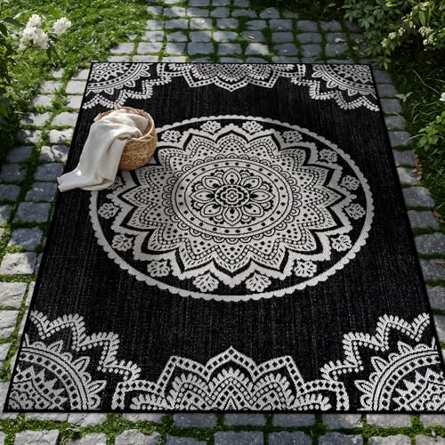 CAMILSON Outdoor Rug 6x9 Modern Area Rugs for Indoor and Outdoor Patios and Porches - Waterproof Washable Non-Shedding Easy-to-Clean Outside Carpet (6 x 9 Medallion - Black/White) - color: Medallion - Black / White, size: 6'7" x 9' (Rectangular)